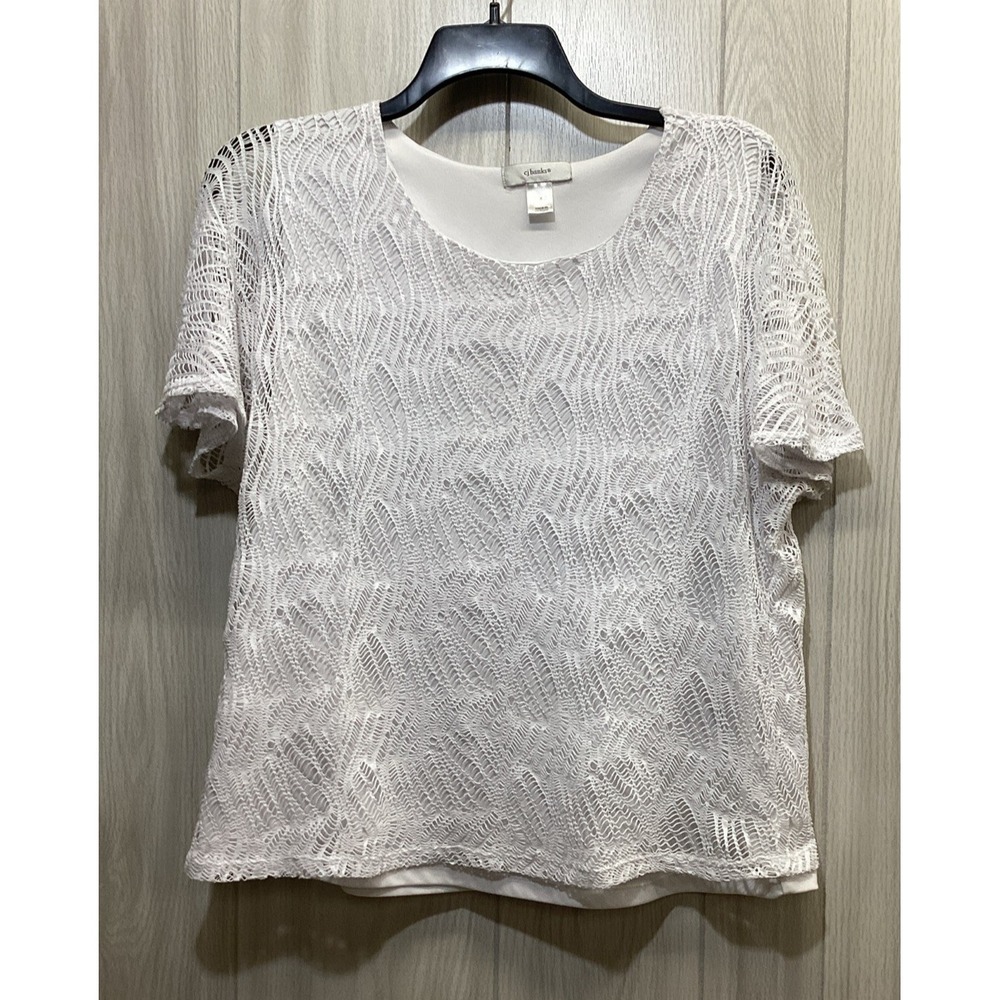 CJ BANKS Women's (Size X) Short Sleeve Round Neck Lace Overlay Shirt Stretch
